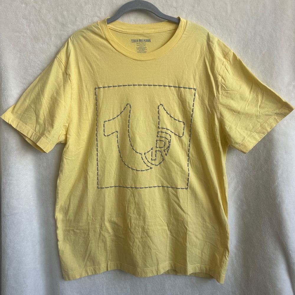 True Religion Yellow‎ 3D Puff Print Navy Horseshoe Box Logo Tee Men's 2XL